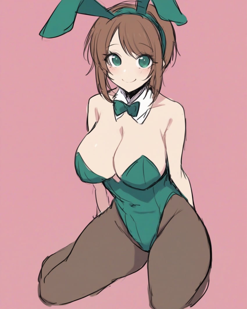 1girls ai_generated blush bowtie brown_hair cleavage cute emma_woods green_bowtie green_eyes green_leotard headband highres identity_v idv innocent kneeling large_breasts leotard looking_at_viewer on_ground osmondai pink_background rabbit_ears short_hair simple_background smile stable_diffusion thick_thighs wide_hips