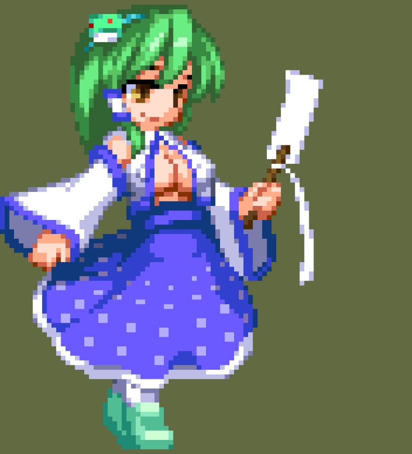 alternate_breast_size animated closed_mouth dress erect_nipples erect_nipples_under_clothes female female_focus female_only frog_hair_ornament green_hair green_shoes holding_object light-skinned_female light_skin long_hair m.u.g.e.n narrowed_eyes pixel pixel_animation resized sanae_kochiya sensual smug solo solo_female solo_focus touhou