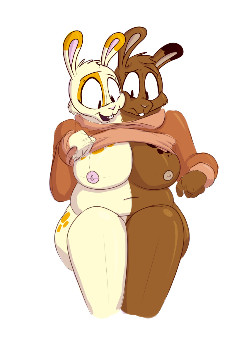 2_heads anthro big_breasts breasts clothed clothing clothing_lift conjoined duo female holding_clothing lagomorph mammal multi_head nipples partially_clothed presenting presenting_breasts rabbit slightly_chubby stuck_together sweater theyton wide_hips