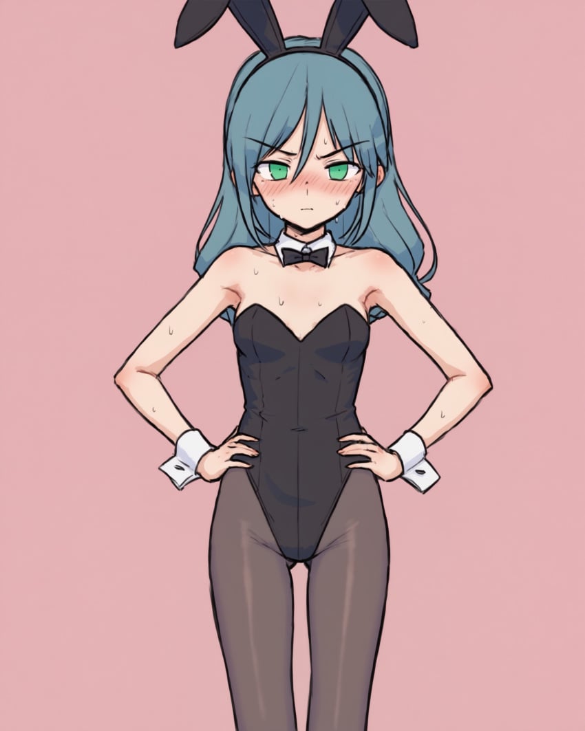 1girls ai_generated angry annoyed black_bowtie black_leotard blue_hair blush bowtie bunny_ears bunnysuit chest flat green_eyes hands_on_hips headband highres hotaru_ayonara leotard long_hair looking_at_viewer oc_(osmondai) original original_character osmondai pantyhose pink_backrgound simple_background solo stable_diffusion sweat sweatdrop