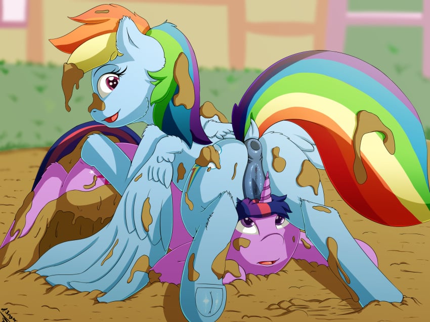 2017 animal_genitalia anus ass cutie_mark digital_media_(artwork) duo equine feathered_wings feathers female feral friendship_is_magic fur h3nger hair horn horse mammal multicolored_hair my_little_pony open_mouth pegasus pony purple_eyes pussy rainbow_dash_(mlp) rainbow_hair simple_background smile tongue twilight_sparkle_(mlp) unicorn wings