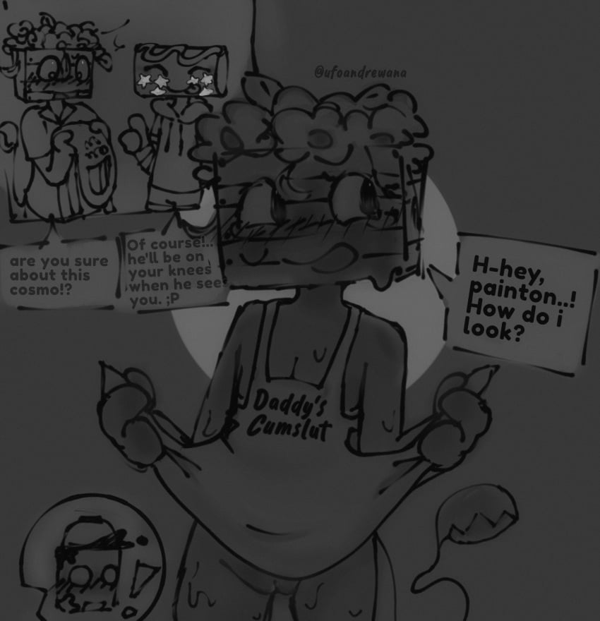 apron_only budley_(ufoandrewana) cosmo_(dandy's_world) daddy_kink dandy's_world dandys_world_oc flowers grayscale oc only_male painton_(ufoandrewana) pussy sweatdrop ufoandrewana