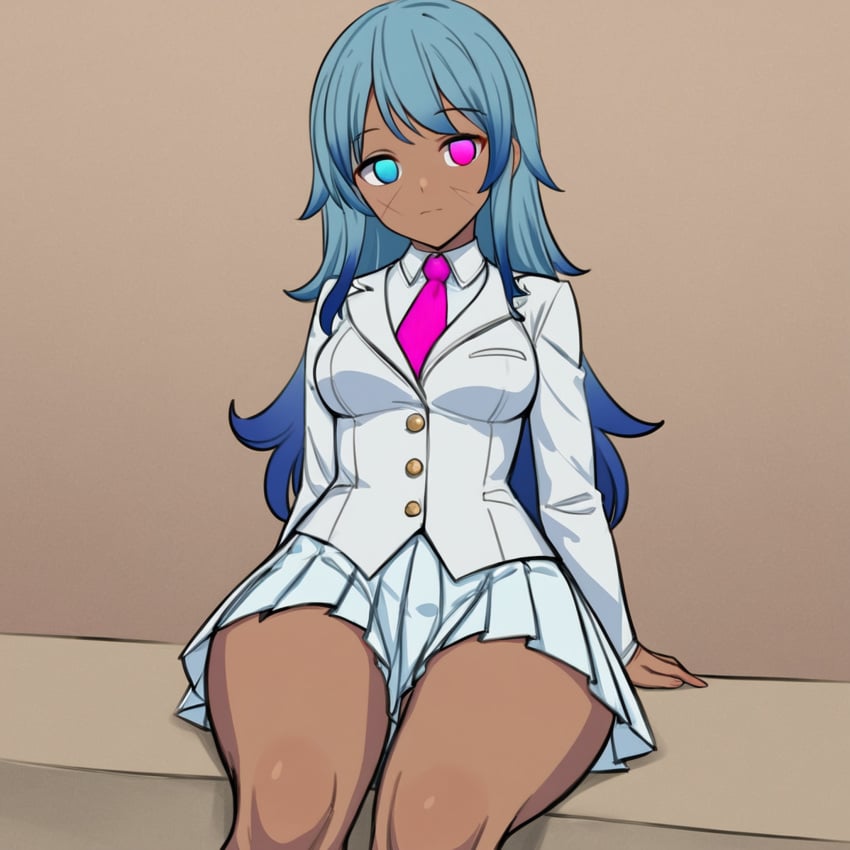 1girls ai_generated blue_eyes blue_hair brown_skin citadel_acara clothed clothed_female emotionless expressionless fully_clothed gradient_hair heterochromia highres large_breasts looking_at_viewer oc_(osmondai) original original_character osmondai pink_eyes pink_tie pleated_skirt scars scars_on_face simple_background skirt solo stable_diffusion suit thick_thighs thighs tie two-tone_hair white_suit wide_hips