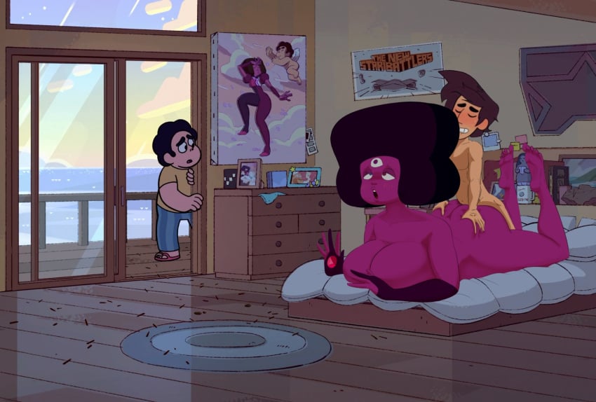 1boy 1girls anon bare_arms bare_ass bare_back bare_breasts bare_legs bare_midriff bare_shoulders bare_thighs barefoot bed bedroom bedroom_sex big_breasts cartoon_network different_eye_color female garnet_(steven_universe) gem_(species) gem_fusion jamie_(steven_universe) larger_female male_domination male_penetrating_female nude nude_female nude_male simple_background small_dom_big_sub smaller_male spakka5 steven_quartz_universe steven_universe