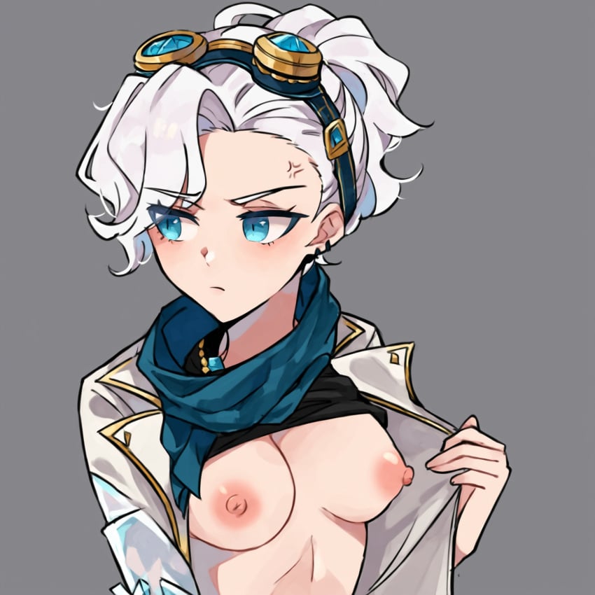 1girls ai_generated annoyed areolae black_shirt blue_eyes blue_scarf breasts exposed_breasts falsegate flashing goggles goggles_on_head highres identity_v idv looking_away martha_behamfil nipples official_alternate_costume open_clothes ponytail scarf shirt_lift short_hair stable_diffusion white_coat white_hair