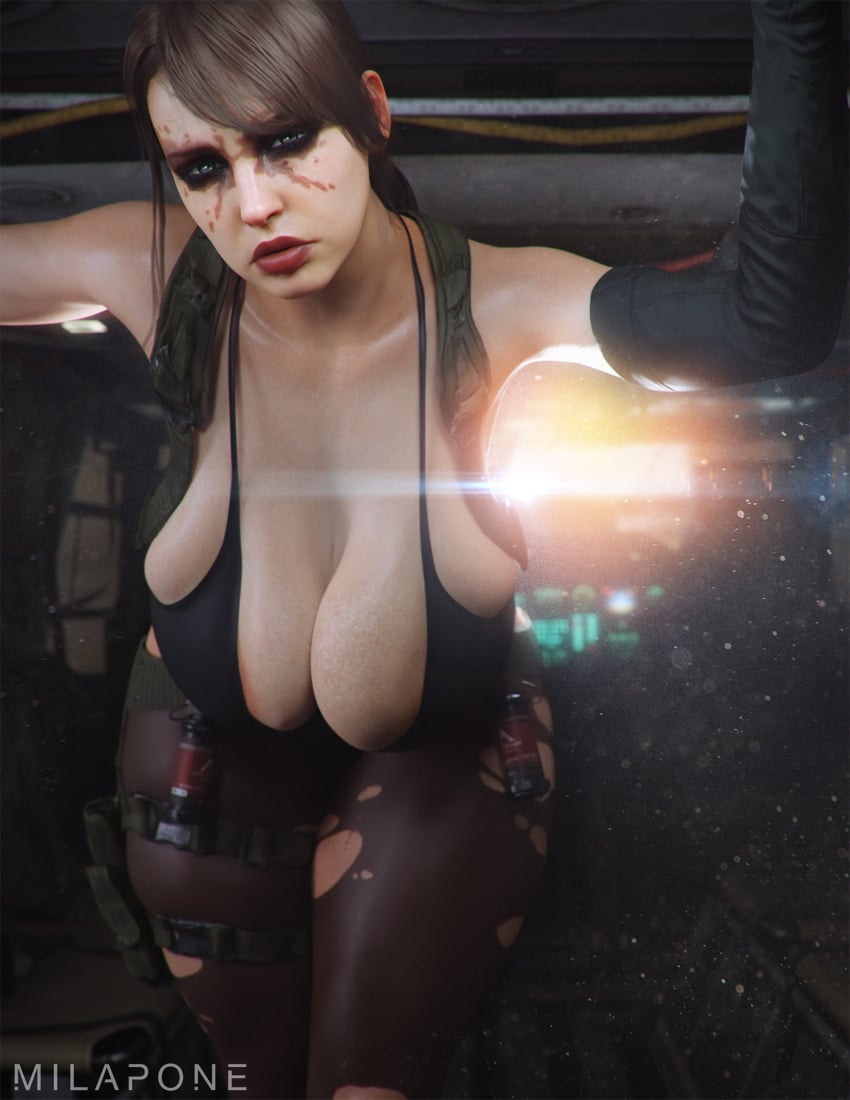 1girls 2024 3d alternate_body_type areolae_slip belt bending_forward bikini_top blue_eyes breasts_bigger_than_head brown_hair covered_breasts drooping_breasts dust elbow_gloves face_paint female female_only gigantic_breasts grenades hairless_armpits hands_up heavy_eyeshadow helicopter huge_thighs in-universe_location intense_stare legs_together lipstick long_hair metal_gear_solid metal_gear_solid_v milapone pantyhose plump_lips ponytail quiet_(metal_gear) red_lipstick serious_look shoulder_holster skindentation skinny_arms solo standing stefanie_joosten thigh_holster thigh_skindentation tied_hair torn_pantyhose voluptuous voluptuous_female war_paint