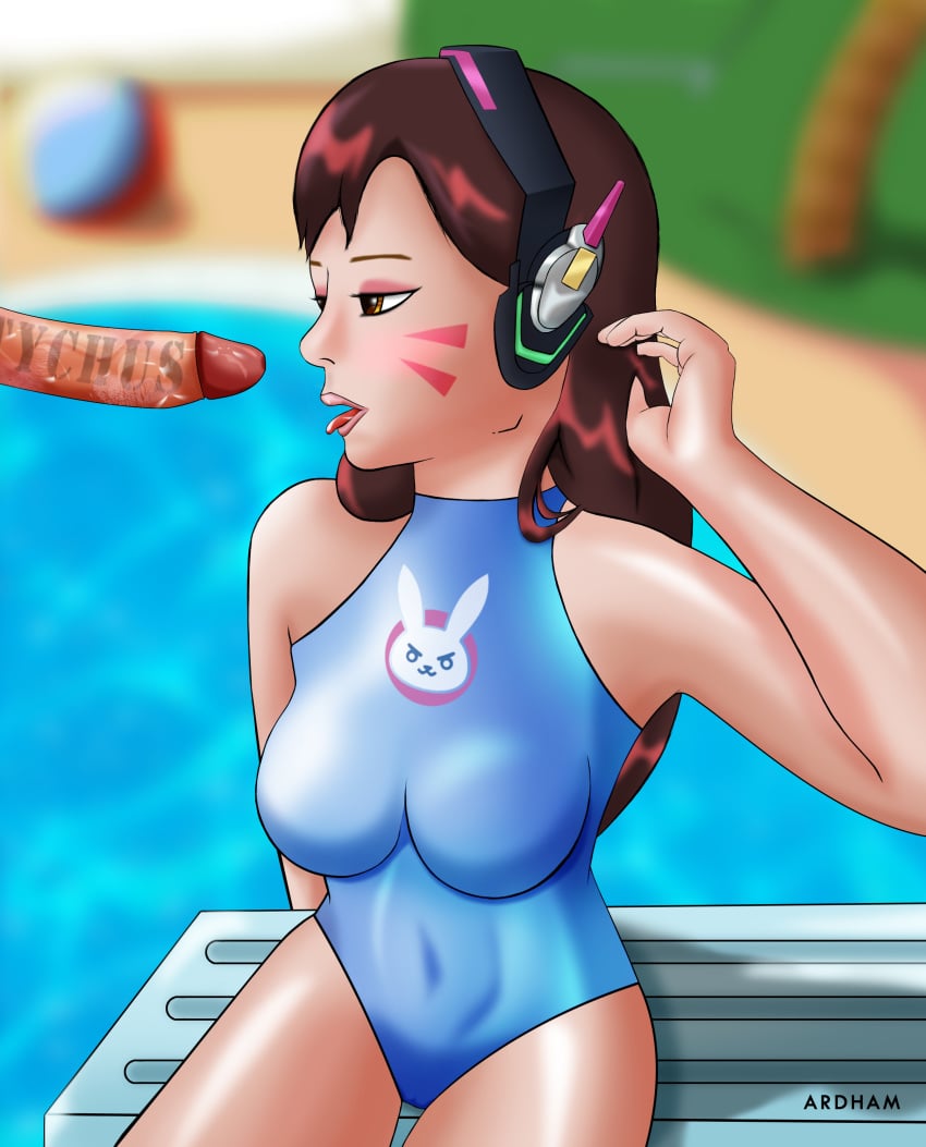 ardham asian blizzard_entertainment brown_eyes brown_hair d.va fellatio female heroes_of_the_storm implied_fellatio implied_sex oral overwatch pale_skin penis pool poolside saliva saliva_on_penis starcraft summer tychus_findlay unseen_male_face video_games