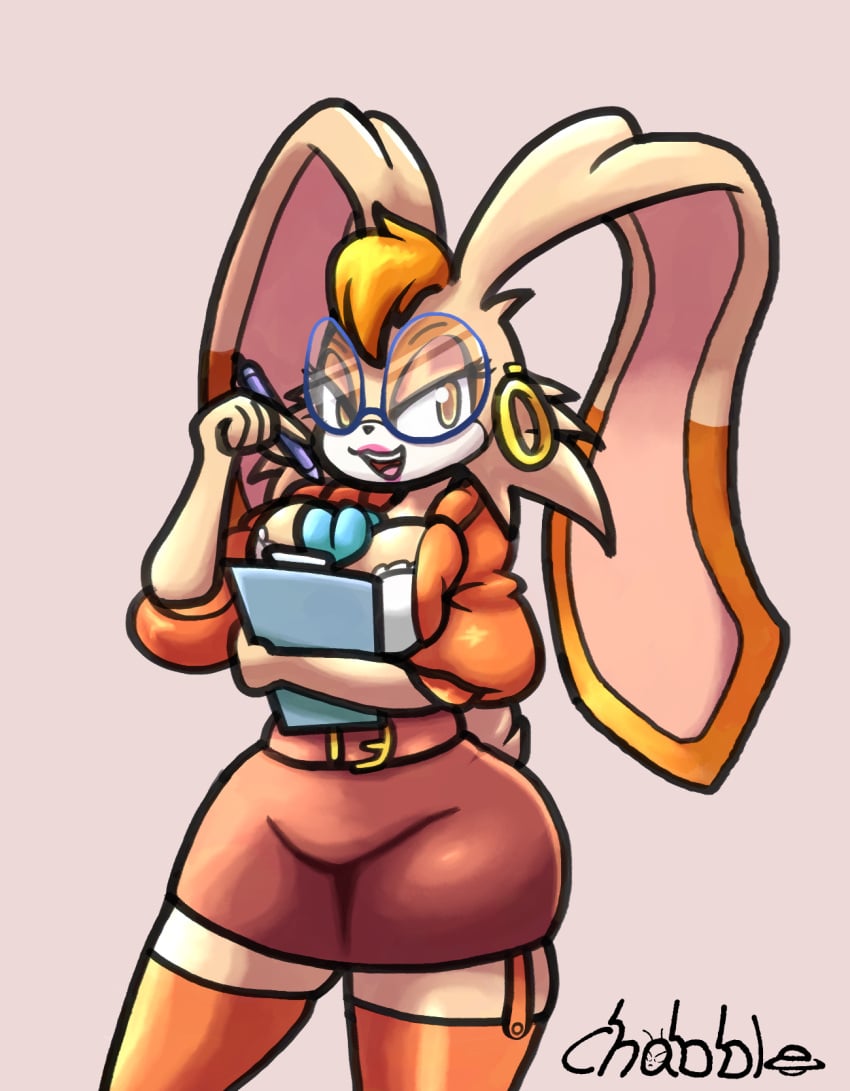 1girl 1girls chabble clipboard earrings female female_focus female_only glasses hoop_earrings long_ears pen rabbit rabbit_ears rabbit_girl rabbit_humanoid rabbit_tail secretary secretary_outfit skirt solo solo_female solo_focus sonic_(series) sonic_the_hedgehog_(series) vanilla_the_rabbit