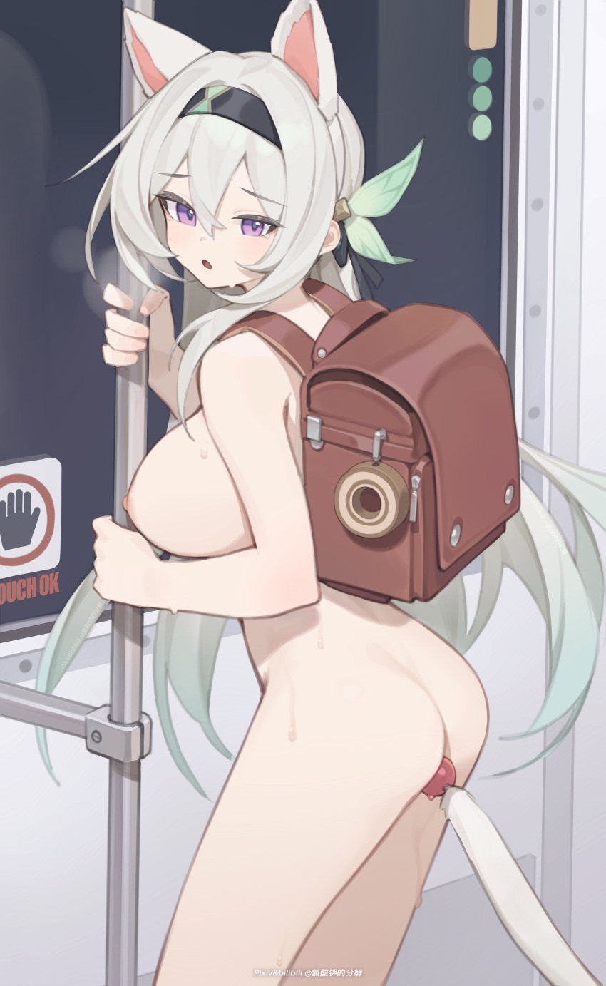 :o absurdres anal anal_object_insertion anal_tail animal_ears anime_style artist_name ass backpack bag big_breasts bilibili_xiaolu black_hairband breasts casual_nudity cat_ears cat_tail cowboy_shot diadem english_text exhibitionism extra_ears eyebrows_raised eyebrows_visible_through_hair fake_tail female female_only firefly_(honkai:_star_rail) grabbing grey_hair hairband highres honkai:_star_rail honkai_(series) japanese_clothes large_breasts long_hair mouth_open naked naked_female nipples no_visible_genitalia nude object_insertion public public_nudity purple_eyes shiny_hair shirt solo solo_female standing steam steamy_breath sweat sweatdrop sweaty_body tail text tied_hair train_interior very_long_hair white_hair