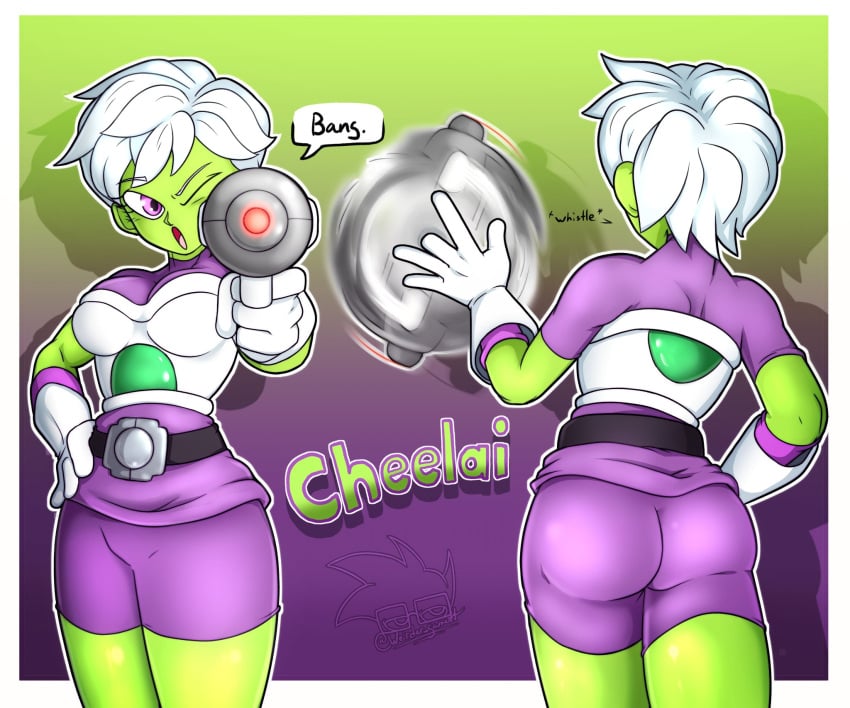 alien alien_girl armor ass ass_focus bottom_heavy breasts bubble_butt cheelai dat_ass dragon_ball dragon_ball_super dumptruck_ass female female female_only gloves green_body green_skin gun large_ass large_breasts looking_at_viewer pointing_gun pointing_gun_at_viewer purple_eyes purple_shorts raygun saiyan_armor short_hair shorts shounen_jump spankable_ass thick_thighs white_gloves white_hair wide_hips winking winking_at_viewer