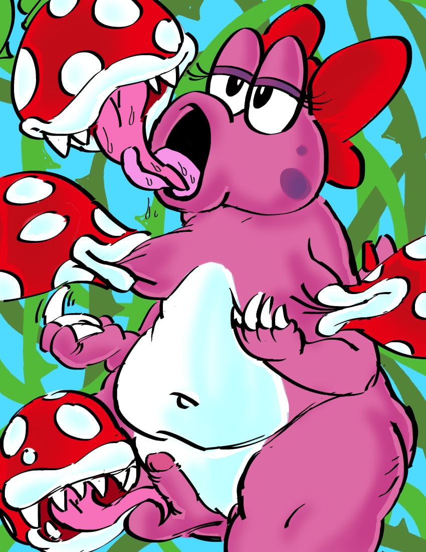 absurd_res anthro birdo breast_play breast_suck breasts cellulite dinosaur elemental_creature fellatio flora_fauna genitals group gynomorph hi_res intersex mario_bros nintendo oral overweight overweight_gynomorph overweight_intersex penile penis piranha_plant plant prehistoric_species ratsinablanket reptile scalie sex small_penis sucking tongue