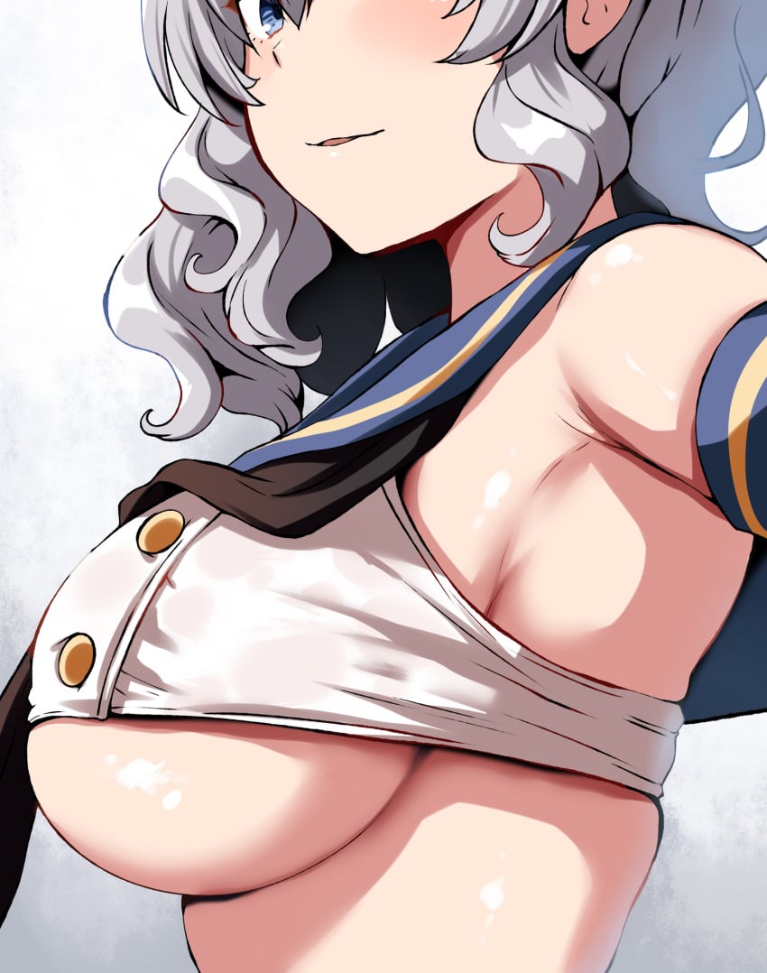 1girls armpits belko big_breasts black_tie blue_eyes breasts female female_only hair hi_res kantai_collection kashima_(kantai_collection) light-skinned_female light_skin sailor_collar sideboob silver_hair simple_background solo tie underboob wavy_hair