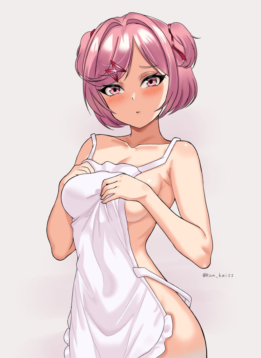 1female 1girls apron apron_only blush blush_lines blushing boobs breasts doki_doki_literature_club kun_kaiss natsuki_(doki_doki_literature_club) pink_eyes pink_hair sideboob