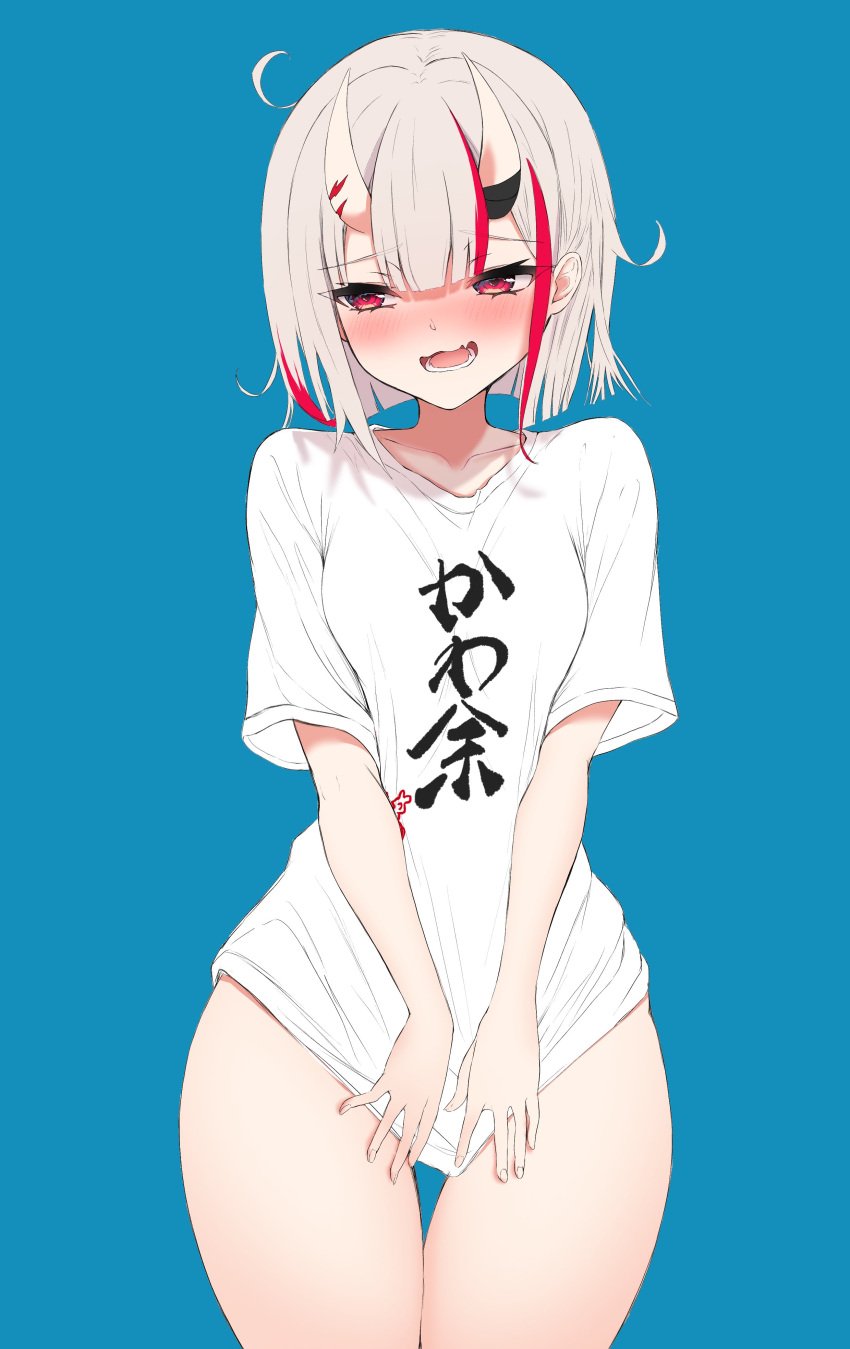 1girls baggy_clothing baggy_shirt blush bottomless embarrassed embarrassed_female female japanese_clothes japanese_text kanji oni_horns red_hair red_highlights shy snaggle_tooth t_shirt thick_thighs thighs utsusemisanroku white_hair