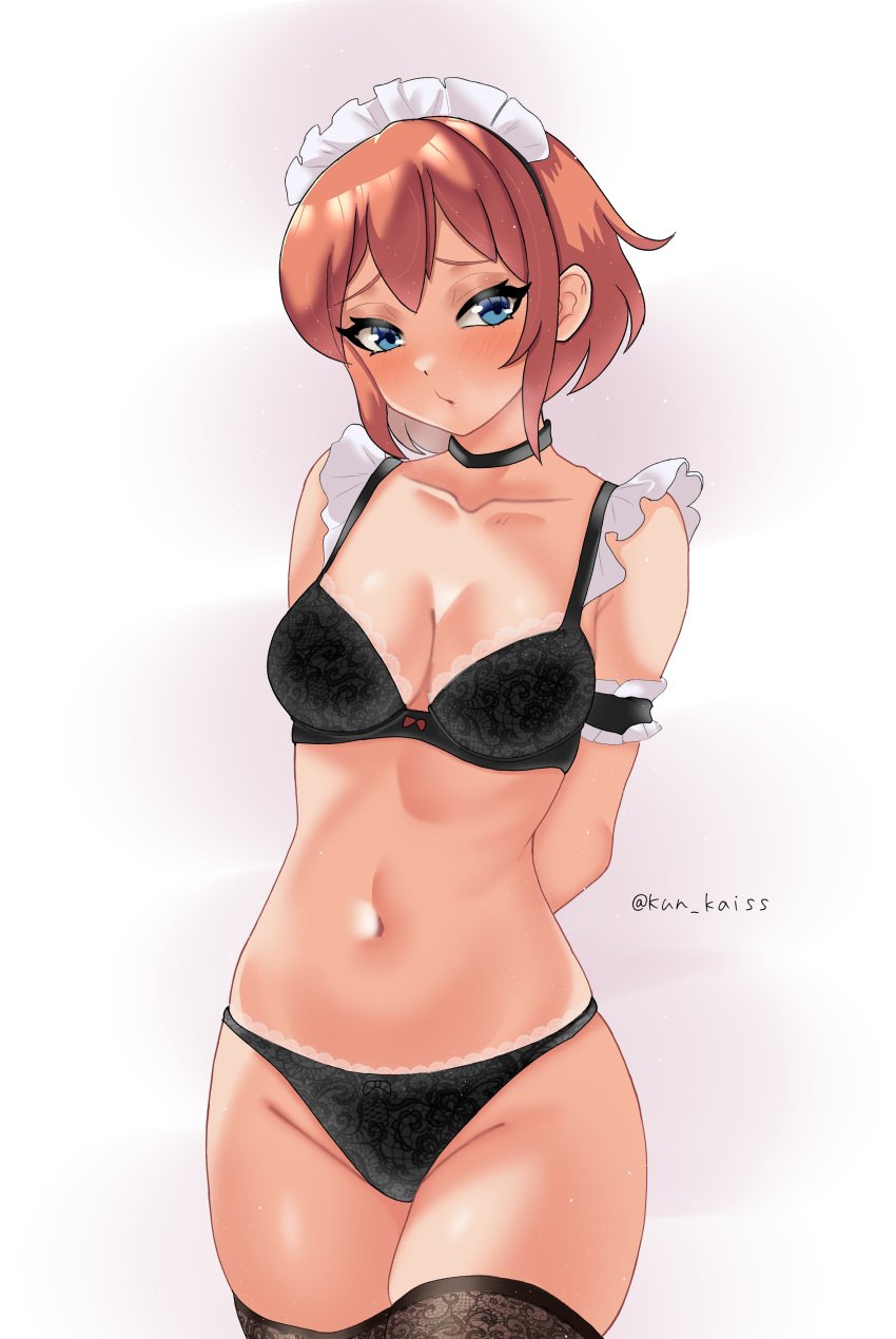 1female 1girls black_bra black_panties blue_eyes bra breasts cleavage collar collarbone doki_doki_literature_club female kun_kaiss maid maid_bikini maid_headdress matching_underwear navel panties sayori_(doki_doki_literature_club) strawberry_blonde_hair