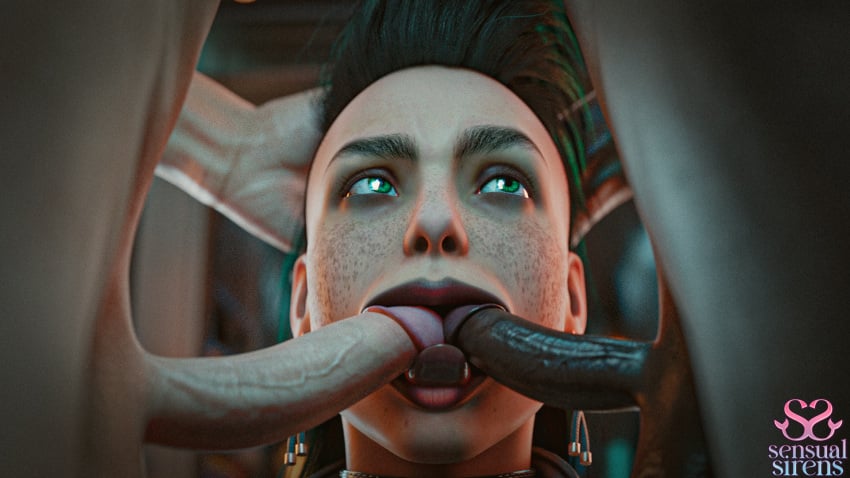 3d big_penis black_body cybernetics cyberpunk_2077 double_oral double_penetration female female_focus female_penetrated green_eyes green_hair oral oral_penetration oral_sex rogue_amendiares sensualsirens threesome threesome_blowjob tongue tongue_out white_body wide_mouth