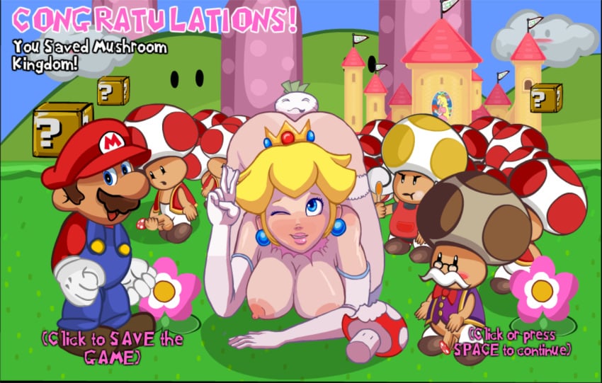 ?_block anal_insertion bigger_female castle crown embarrassed_smile erect_nipples gloves larger_female mario mario_(series) mushroom outdoors peace_sign princess_peach ripped_clothing screenshot size_difference smaller_male stockings toad_(mario) toadsworth wink winking winking_at_viewer