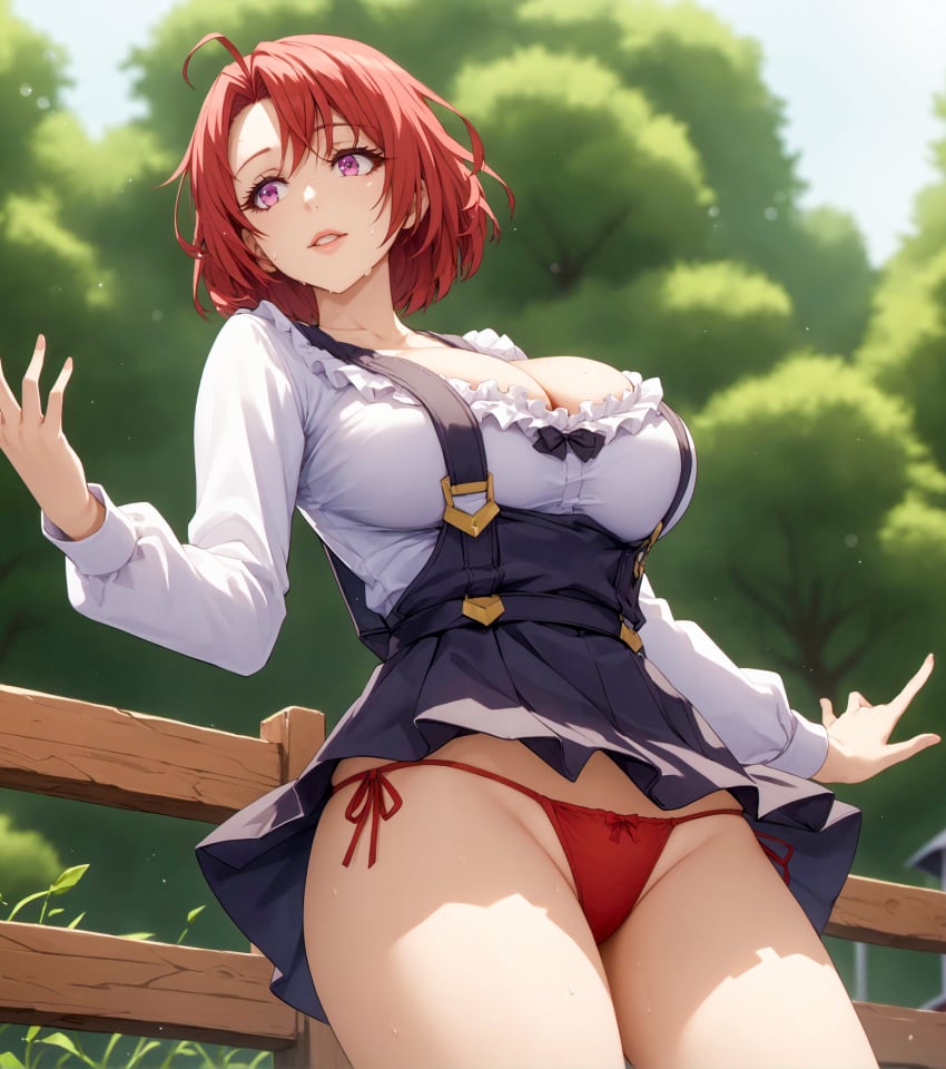 1girls ahoge ai_generated alex-schura bangs black_skirt blush bow breasts cleavage clothing cow_girl_(goblin_slayer) curvaceous curvaceous_female curvaceous_figure curvy curvy_figure day female female female_focus frills goblin_slayer high-waist_skirt inviting inviting_to_sex large_breasts long_sleeves looking_at_viewer outdoors pantsu parted_bangs parted_lips pink_eyes pleated_skirt purple_eyes red_hair red_panties seductive seductive_look seductive_smile shirt short_hair side-tie_panties skirt solo suspender_skirt suspenders sweat thighs tree underwear upskirt voluptuous voluptuous_female white_shirt