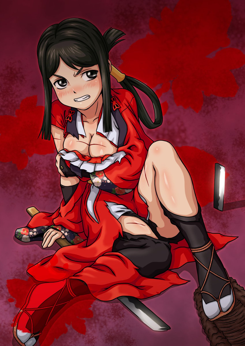 1girls angry areola_slip arm_support bakumatsu_roman:_gekka_no_kenshi big_breasts black_eyes black_hair blush breasts broken broken_weapon busty cleavage clenched_teeth covering_breasts covering_privates defeat feet female female_only fingerless_gloves gloves hibiki_takane highres injury japanese_clothes large_breasts legs long_hair looking_at_viewer low_twintails samurai_shodown sitting snk solo sword takane_hibiki teeth thighs torn_clothes twintails weapon