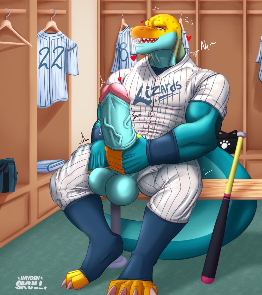 2024 4_toes 5_fingers anthro athletic athletic_anthro athletic_male balls baseball baseball_bat baseball_uniform bat_(object) biceps big_balls big_penis blue_body blue_scales bottomwear claws clothed clothed_male clothed_masturbation clothing collared_lizard common_collared_lizard detailed_background digital_drawing_(artwork) digital_media_(artwork) feet fingers footwear foreskin genitals green_body green_eyes green_scales half-closed_eyes haydenskull heart_symbol hi_res inside lizard looking_pleasured looking_up male markings masturbation moan monroe_lehner motion_lines narrowed_eyes non-mammal_balls open_bottomwear open_clothing open_mouth open_pants orange_body orange_scales pants penile penile_masturbation penis reptile retracted_foreskin scales scalie shaded sharp_teeth signature sitting socks soft_shading solo sportswear spots spotted_body spotted_scales stroking_penis teeth throbbing throbbing_penis toe_claws toes uniform vein veiny_penis yellow_body yellow_scales