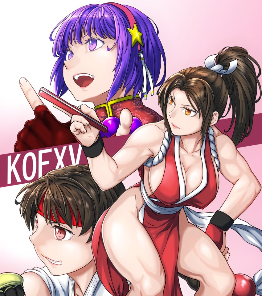 3girls athena_asamiya bandana big_breasts big_breasts brown_eyes brown_hair female gloves hair_ornament hand_on_hip japanese japanese_clothes king_of_fighters light-skinned_female light_skin long_hair mai_shiranui muscular_female necklace open_mouth purple_eyes purple_hair short_hair star tied_hair wide_hips yuri_sakazaki