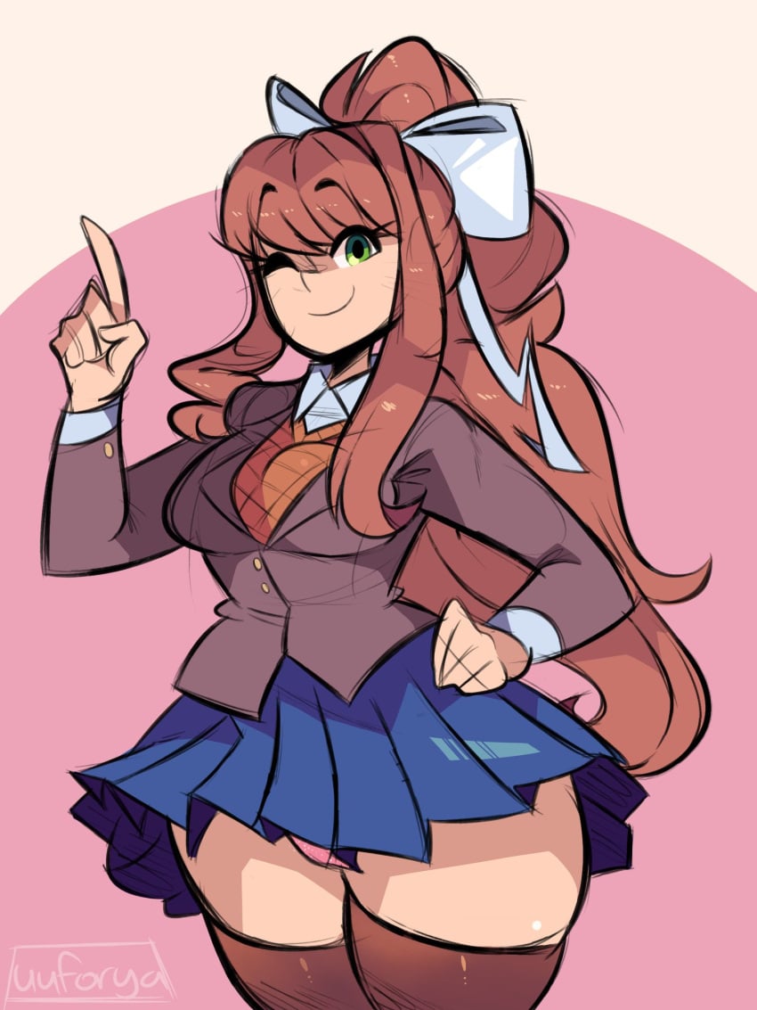 1girls 5_fingers artist_name blue_skirt breasts brown_hair brown_sweater brown_thighhighs collared_shirt curvy doki_doki_literature_club green_eyes hair_ribbon hand_on_hip index_finger_raised jacket light-skinned_female light_skin long_hair long_sleeves medium_breasts monika_(doki_doki_literature_club) no_neckwear panties panty_peek pink_background pink_panties pleated_skirt pointy_nose ponytail raised_eyebrows school_uniform scribble shirt simple_background skindentation skirt smile sweater thick_hair thick_thighs thighhighs uuforya white_bow white_ribbon white_shirt wink