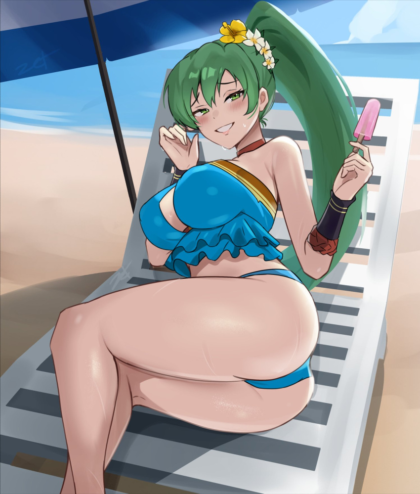 beach bikini fire_emblem green_hair ice_cream lyn_(fire_emblem) nintendo teasing