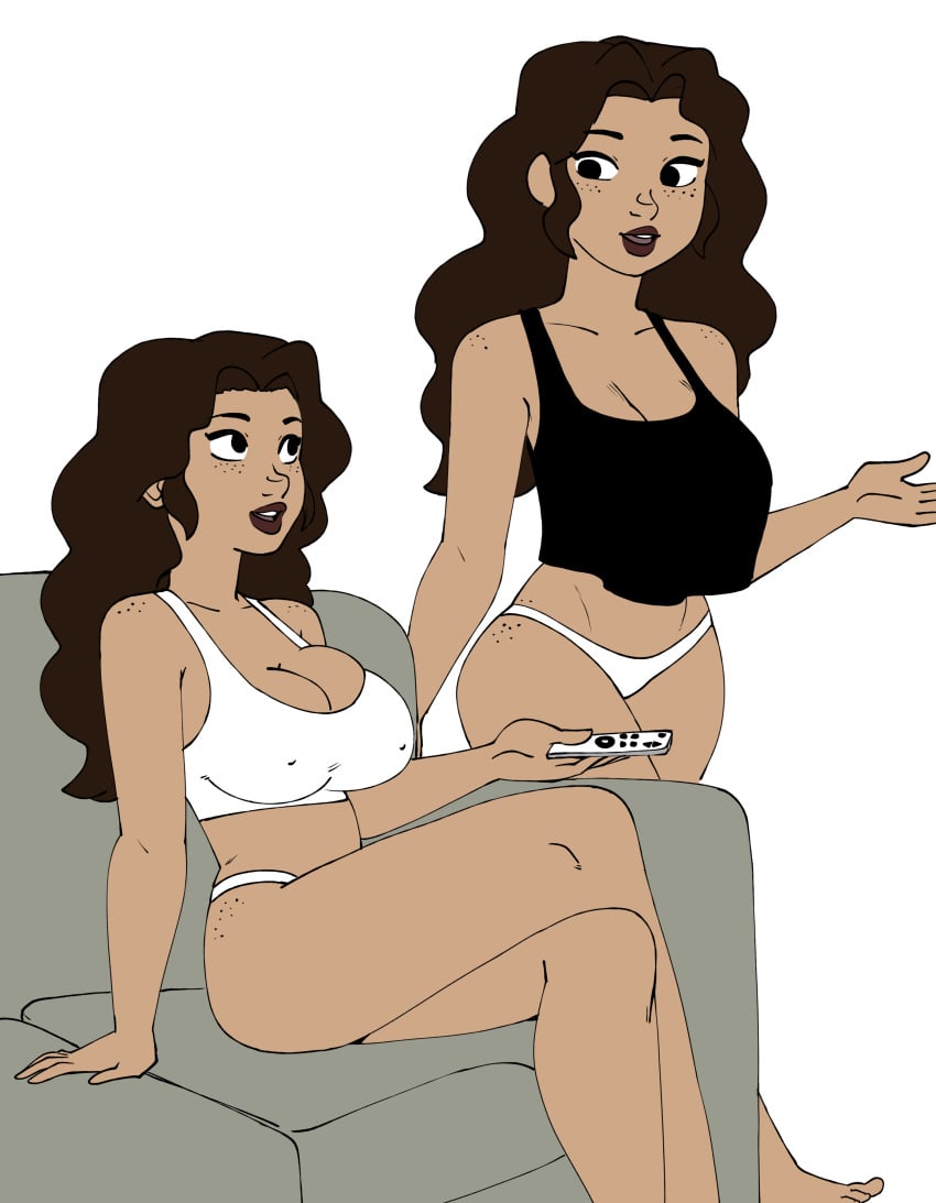 2girls arm_support black_tank_top brown_hair brown_lips brown_skin clone couch darkeros13 flat_colors freckles hand_up happy holding_remote_control looking_at_another open_mouth rachel_(eachminister) sitting sports_bra standing talking walking wavy_hair white_panties white_sports_bra