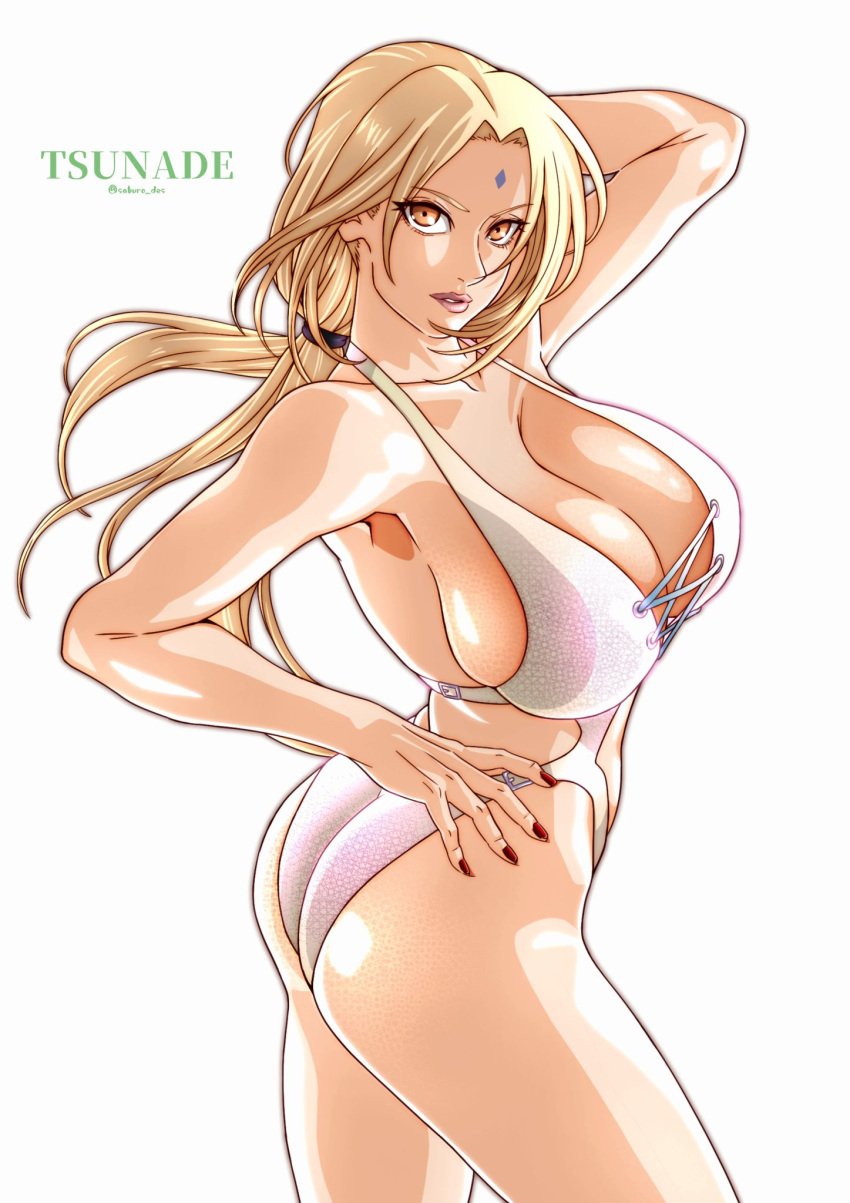 1girls arm_behind_head ass big_breasts blonde_hair breasts brown_eyes busty character_name cleavage female female_only from_behind highres huge_breasts lipstick looking_at_viewer makeup mature mature_female nail_polish naruto naruto_(series) naruto_shippuden one-piece_swimsuit pinup pose posing revealing_swimsuit saburo_des solo solo_focus swimsuit text tsunade url voluptuous watermark web_address