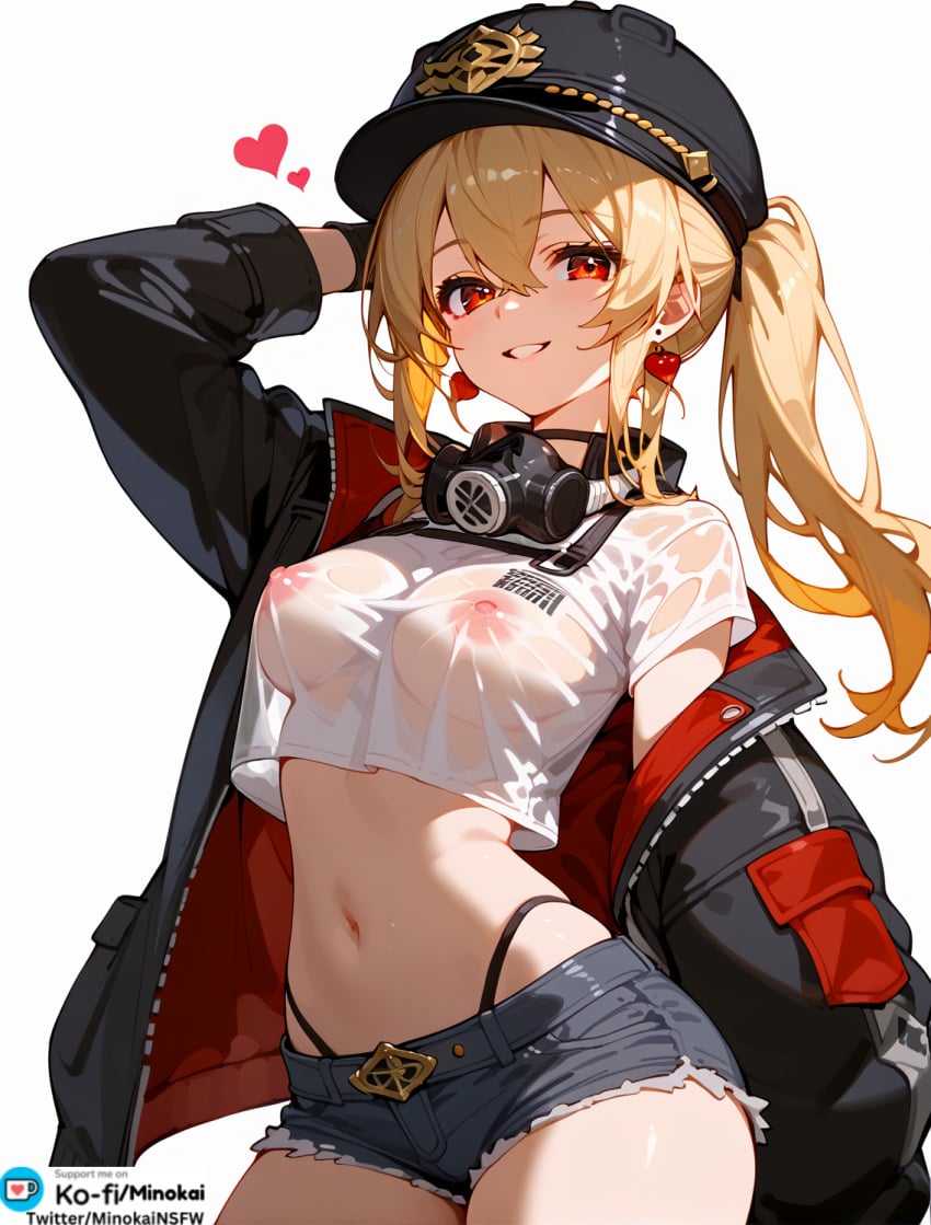 1girls aged_up ai_generated blonde_hair female hoyoverse jacket jean_shorts luciana_de_montefio minokai nipples red_eyes ripped_clothing see-through_clothing short_shorts side_ponytail whale_tail_(clothing) zenless_zone_zero