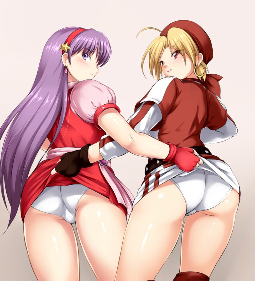 athena_asamiya back_view king_of_fighters malin multiple_females panties purple_hair skirt_lift white_panties yomitrooper