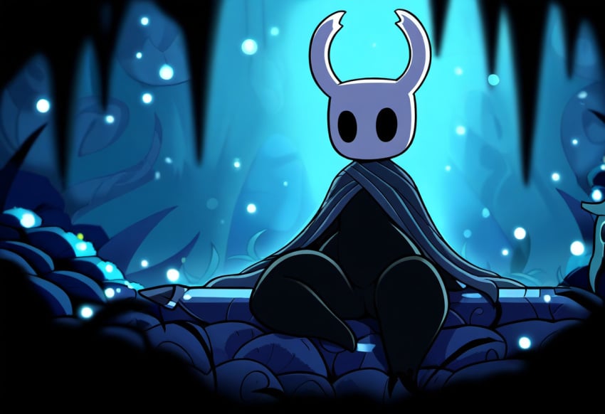 ai_generated ambiguous_gender anthro arthropod beetle black_body black_skin blue_and_white cloak clothing fecharis female genitals hellsonger hellsonger_hollow_knight_ai_art hi_res hollow_knight horn insects protagonist_(hollow_knight) sitting solo team_cherry vessel_(species) weapon