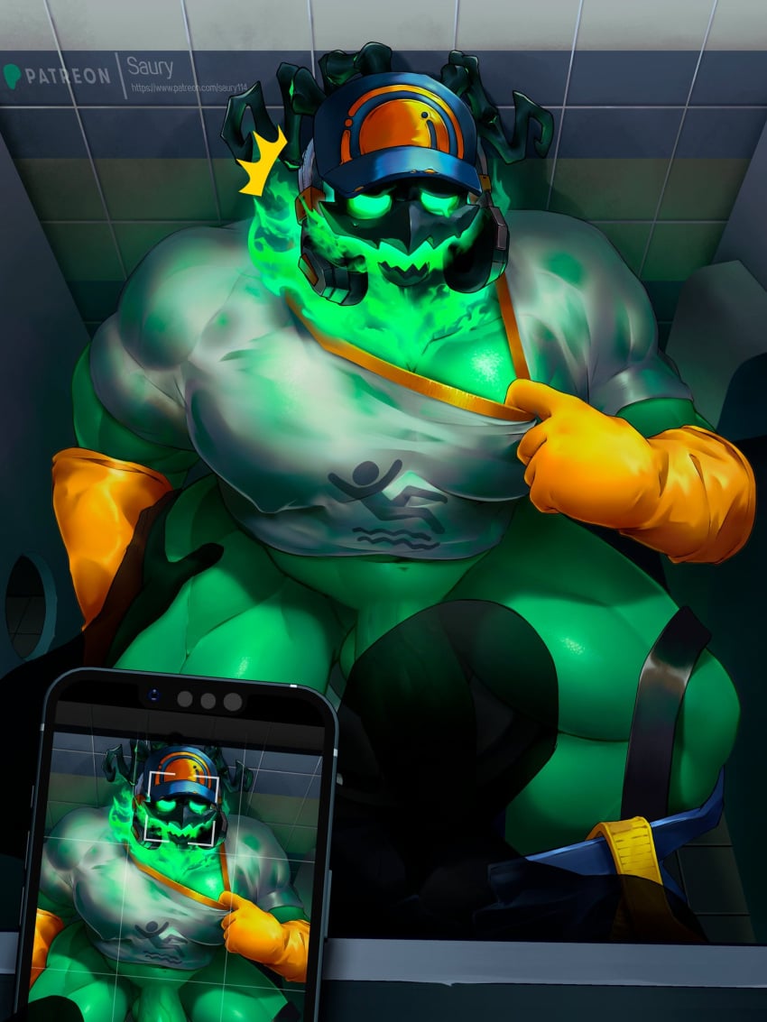 abs bara big_pecs gay gloves green_body handwear headphones headwear janitor_thresh league_of_legends male male_focus male_only muscular muscular_male nipples_visible_through_clothing penis penis_peek phone photo saury shirt shirt_lift the_grind_series thick_thighs thresh yaoi