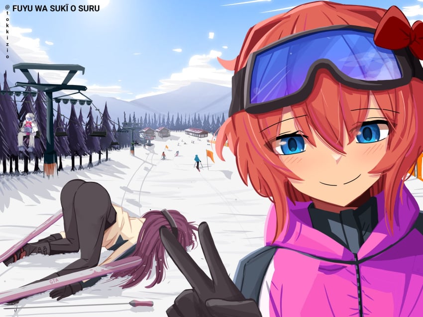 ass ass_in_air ass_up blue_eyes bow butt butt_in_air butt_up doki_doki_literature_club face_down face_down_ass_up female female_only goggles goggles_on_forehead goggles_on_head hair_bow hairbow long_hair multiple_girls natsuki_(doki_doki_literature_club) purple_hair red_bow red_hair_bow red_hairbow sayori_(doki_doki_literature_club) ski ski_goggles ski_lift snow solo_focus strawberry_blonde_hair tokkeresu yuri_(doki_doki_literature_club)