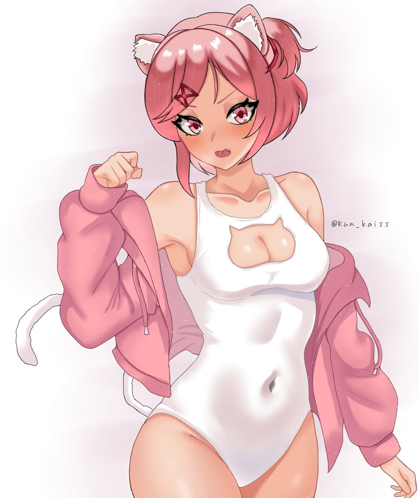 1girls 5_fingers animal_ears animal_tail bare_shoulders boobs breasts cat_ears cat_tail cleavage cleavage_cutout collarbone cutout doki_doki_literature_club fang female female_only fully_clothed kun_kaiss mouth_open natsuki_(doki_doki_literature_club) navel navel_visible_through_clothes oerba_yun_fang open_mouth pink_eyes pink_hair revealing_clothes solo tail tight_clothing