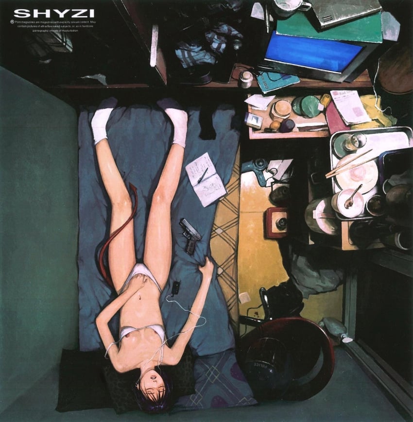 artist_name bedroom black_hair bra breasts chest_of_drawers chopsticks closed_eyes clothing crt cup demon_tail digital_media_player door drinking_glass earphones earrings english_text female female_masturbation firearm from_above glock gun hair_dryer hand_in_own_panties hand_in_panties handgun helmet highres indoors jewelry lotion_bottle lying masturbation messy_room nipple_slip nipples notebook on_bed original pale_skin panties parted_lips pen pillow plate red_tail sheet_grab short_hair shyzzzi small_breasts socks solo spoon strap_slip tail teacup television tray underwear underwear_only unfastened weapon white_bra white_panties white_socks