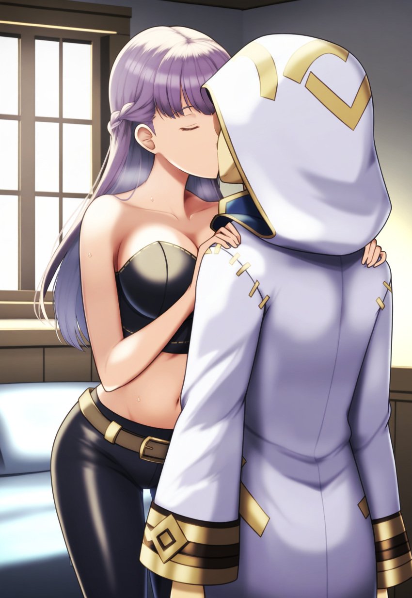 ai_generated belt black_pants black_strapless fingerless_gloves fire_emblem fire_emblem:_the_binding_blade fire_emblem_heroes from_behind height_difference jeans kiran_(fire_emblem) kissing midriff nai_diffusion sophia_(fire_emblem) stable_diffusion strapless