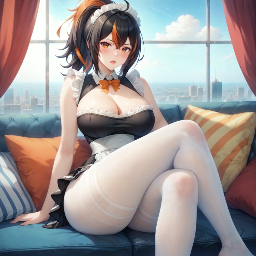 1girls ahoge ai_generated aimoonshine apron bangs bare_shoulders black_dress black_hair blush bow bowtie breasts cityscape cleavage couch crossed_legs day dress female female_only frills hair_between_eyes indoors large_breasts long_hair looking_at_viewer maid maid_apron maid_headdress mihoyo multicolored_hair no_shoes on_couch open_mouth orange_bow orange_bowtie orange_eyes orange_hair pantyhose pillow ponytail sitting sleeveless sleeveless_dress solo streaked_hair thighband_pantyhose thighs two-tone_hair white_pantyhose window zenless_zone_zero zhu_yuan