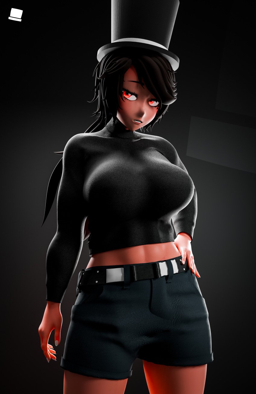 african_female black_hair black_hat black_shirt female female_focus female_only midriff shorts tagme thafnina thafnine thafnine_nina top_hat