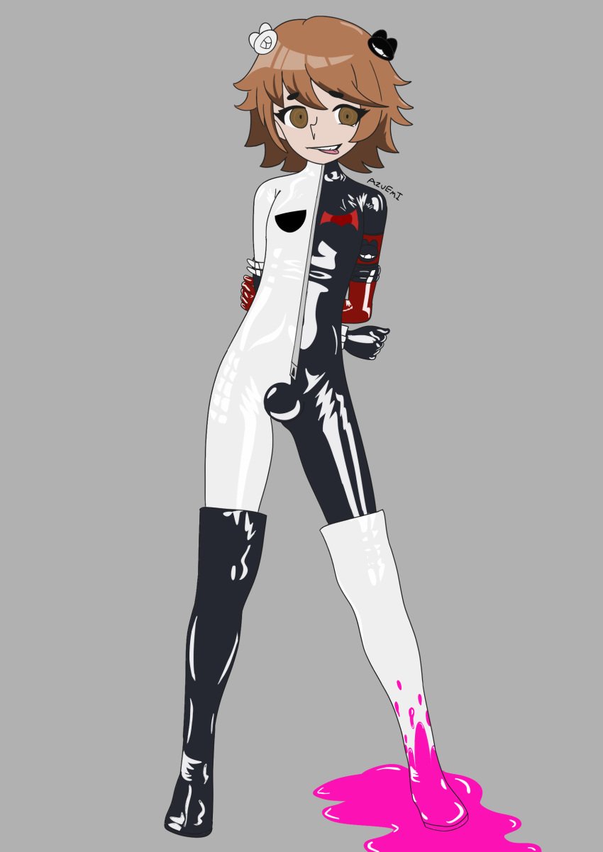 1boy azureemmi_(artist) brainwashing danganronpa danganronpa:_trigger_happy_havoc femboy fujisaki_chihiro latex latex_gloves latex_suit male male_only rubber solo