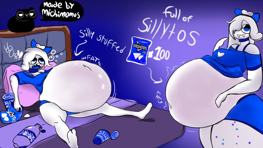 big_belly blue_bow blue_clothing blue_eyes chips_(food) cloud_humanoid laying_on_bed michimomos noodles selina_(nowaythezonky) silly soda stuffing white_skin