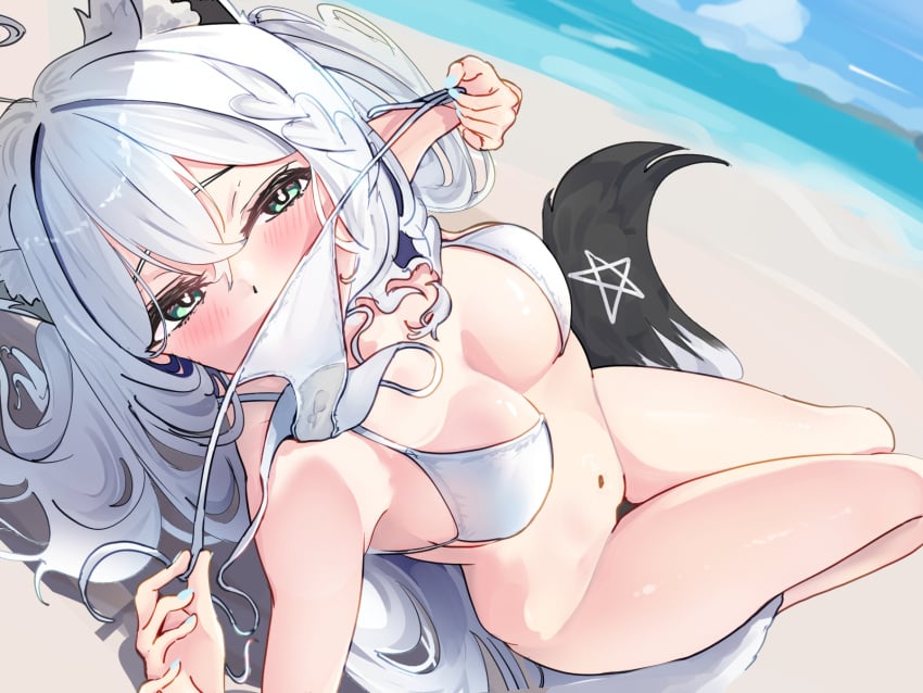 beach blue_eyes blush bottomless bra bra_only covering covering_mouth hololive long_hair looking_at_viewer no_panties outdoors panties_off shiki_olie shirakami_fubuki teasing virtual_youtuber white_hair