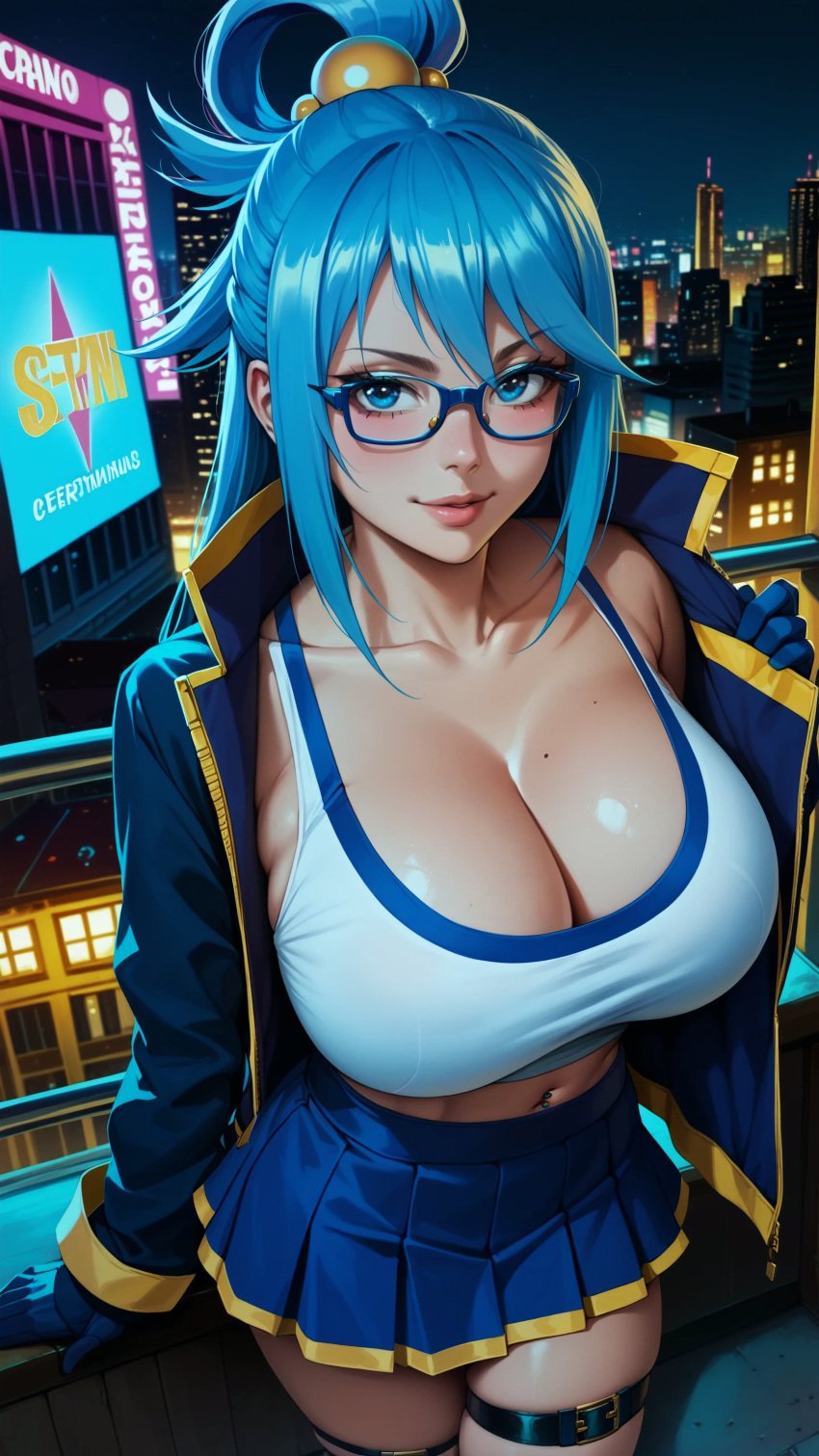 ai_generated aqua_(konosuba) big_breasts breasts building choker city city_background cityscape clavicle cleavage collarbone female female_focus female_only firm_breasts focus from_above glasses gloves huge_breasts jacket jacket_open kono_subarashii_sekai_ni_shukufuku_wo! large_breasts light light-skinned_female light_body light_skin looking_at_viewer mini_skirt navel navel_piercing neon_lights night round_breasts shiny shiny_breasts shiny_clothes shiny_hair shiny_skin skirt sky4maleja smile smiley_face sports_bra thick_thighs