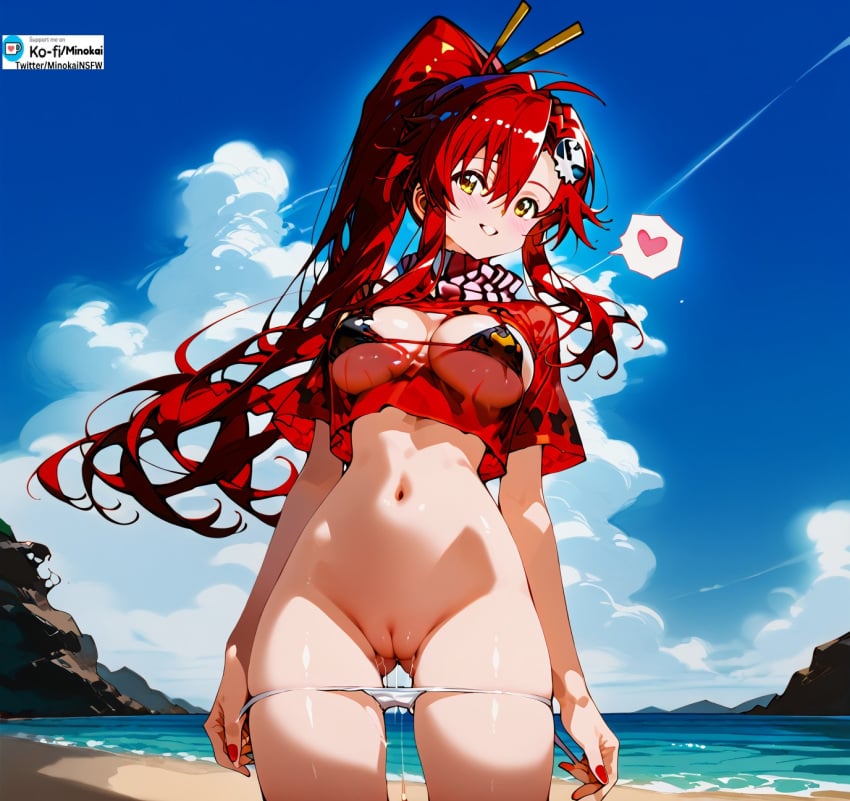 ai_generated cropped_shirt female long_hair looking_at_viewer minokai pants_down ponytail pussy pussy_juice pussy_juice_drip red_hair see-through_clothing standing tengen_toppa_gurren_lagann yoko_littner