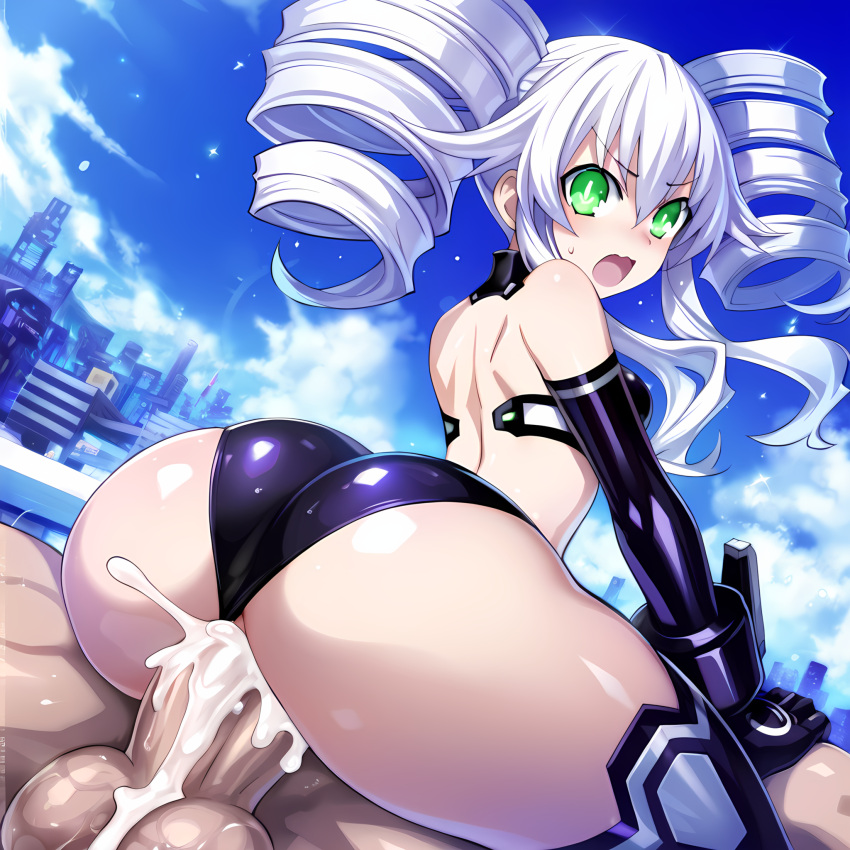 1boy 1girls ai_generated angry ass_focus black_sister blush clothed_sex cowgirl_position cum cum_in_pussy cum_inside drill_hair elbow_gloves female female_focus from_behind green_eyes huge_ass looking_back male neptunia_(series) novelai outdoors panties_aside penis self_upload sex shiny_clothes small_breasts straight surprised testicles thighhighs uni_(neptunia) vaginal_penetration variant wavy_mouth white_hair