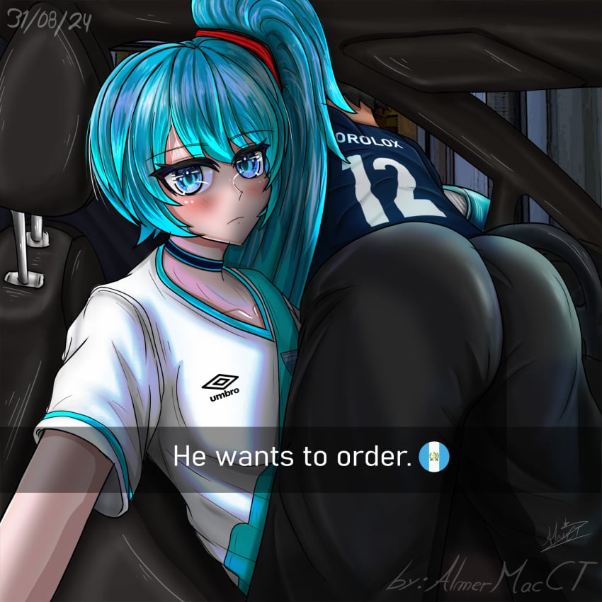 1boy 1boy1girl 1girls almermacct alternate_costume alternate_hairstyle ass big_ass black_pants blue_eyes blue_hair blue_shirt clothing collar couple crossover guatemala hatsune_miku he_wants_to_order latin_american_hatsune_miku_(meme) latina long_hair loquendero loquendo loquendo_youtuber male male_ass meme morolox night ordering_food shirt short_hair sitting soccer_uniform t-shirt umbro vehicle white_shirt youtube youtube_hispanic youtuber