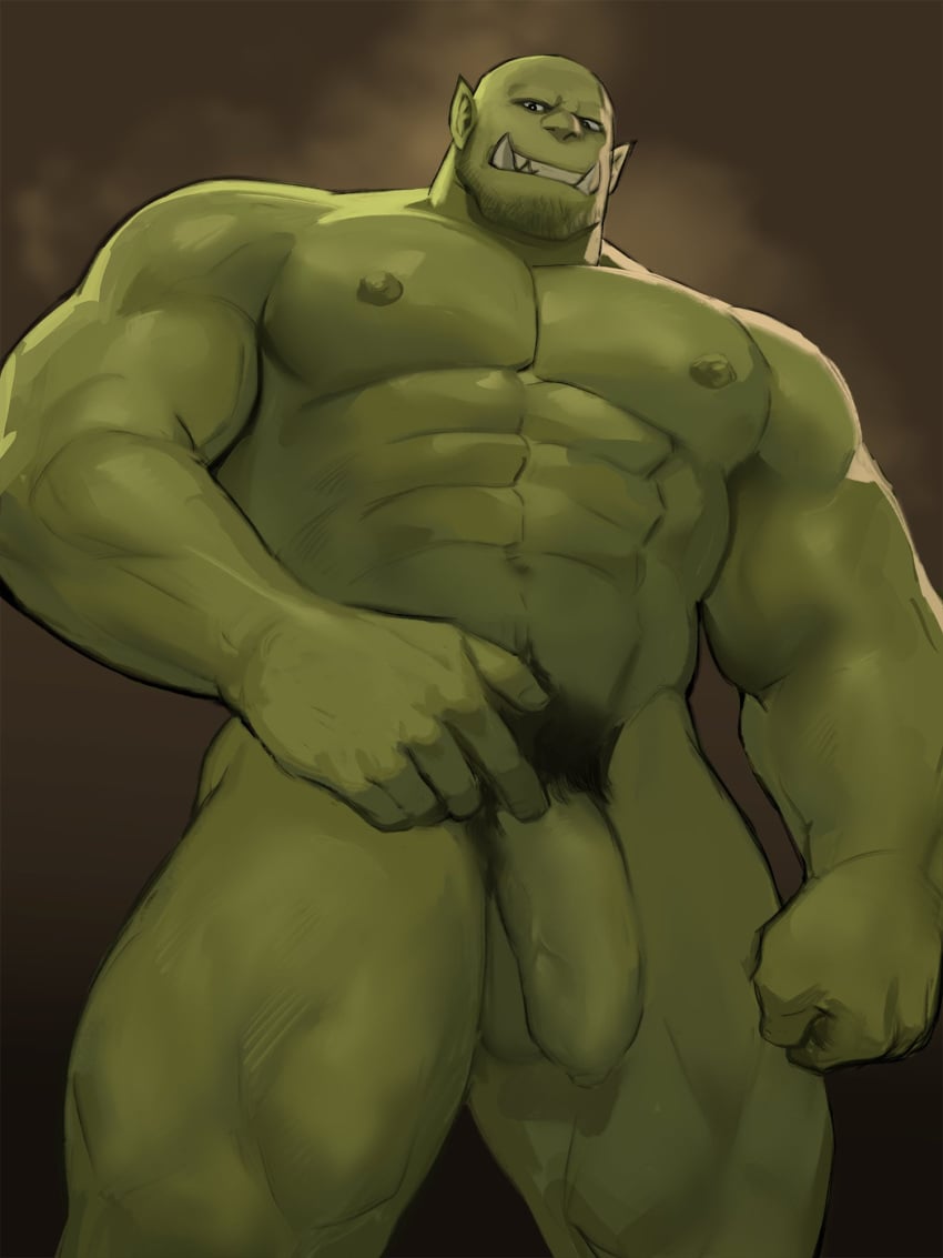 3:4 abs bald balls beard big_balls big_nipples big_pecs big_penis dopq facial_hair fangs genitals green_body hi_res humanoid humanoid_pointy_ears male male_only muscular muscular_humanoid muscular_male navel nipples nude orc orc_male pecs penis pubes solo solo_male teeth tusks