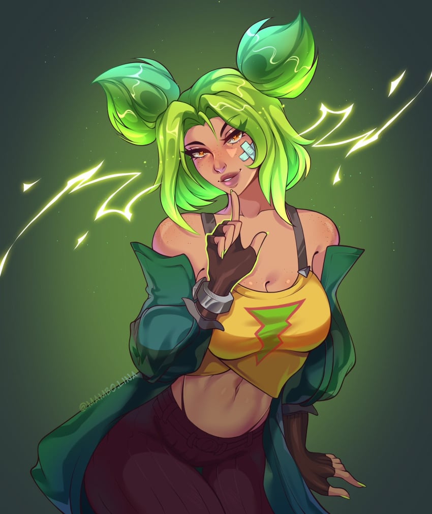 1girls bandage big_breasts breasts cleavage electricity eyelashes female female_focus female_only fingerless_gloves green_hair green_nails heart-shaped_pupils hi_res league_of_legends mambolina nail_polish orange_eyes riot_games seductive seductive_look solo sparks tagme twintails watermark zeri_(league_of_legends)