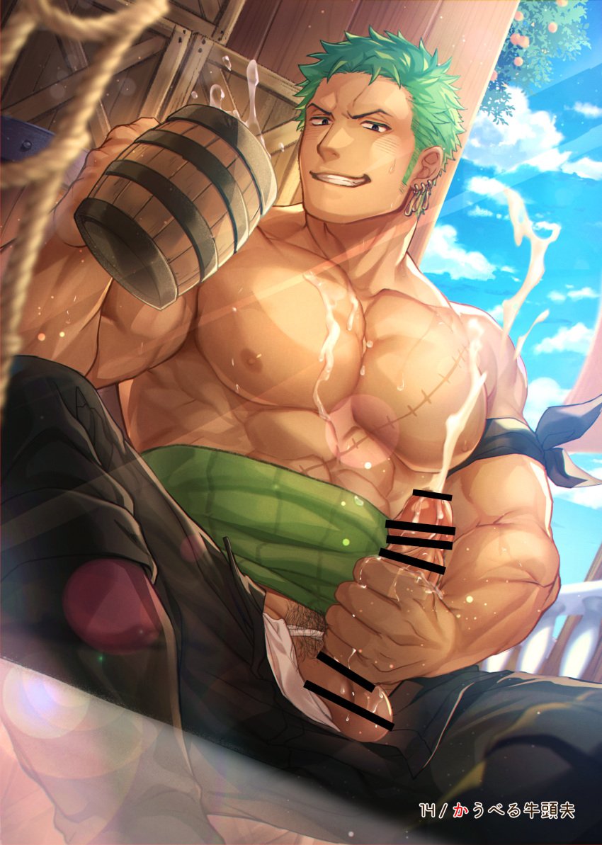 1boy abs bara beefy biceps blush censor_bar censored censored_penis censored_testicles cum cum_on_body cum_on_breasts cum_on_penis cum_on_upper_body cum_string cumshot earrings fundoshi fundoshi_aside gay genital_fluids gozu_farm green_hair grin half-dressed haramaki holding_object holding_penis jerking large_chest looking_at_viewer male male_only masturbation muscles muscular muscular_arms muscular_male one_piece pecs pubic_hair rokushaku_fundoshi roronoa_zoro scar scar_on_chest semen short_hair sitting solo spread_legs sweat sweatdrop sweating sweaty vein white_fundoshi