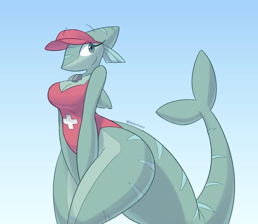 1girls anthro breasts buttercolors cleavage clothed clothing eyebrows eyelashes female female_only hat hips lifeguard shark tail whistle wide_hips